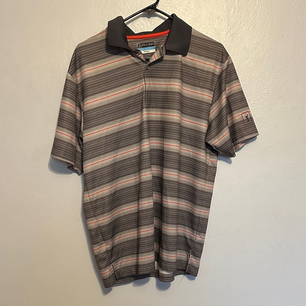PGA Tour Men's Polo Shirt - Black, Gray, and Pink Stripes